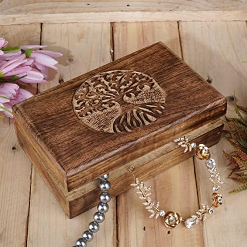 קופסת דקורטיבית בעבודת יד עץ עץ עם גילופי עץ מרכזיים חומים - שימוש רב תכליתי כאחסון תכשיטים, קופסת שעונים,