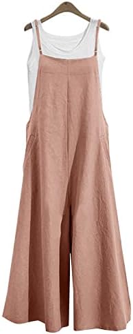 LMSXCT נשים מזדמנים מכנסי סינר ארוכים רופפים קיץ סרבלים רחבים ללא שרוולים בצבע אחיד סרבל פשתן כותנה