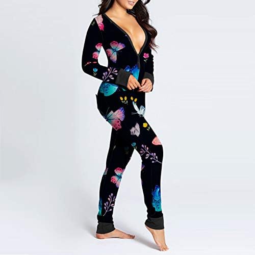 Zieglen Womens Onesie Pajamas Deep V Neck Bodycon Suppsuits דפוס מודפס שרוול ארוך Rompers בסך הכל pjs