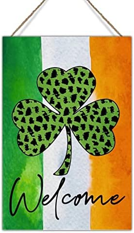 שלט קיר עץ עיצוב דגל אירי תלתן מזל תלתן בברכה שלט ברוךום נמר משובץ ירוק תלתן דלת עץ תלייה תלתלי מזל