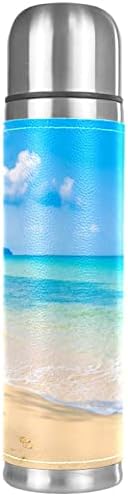 חוף שמיים כחול נירוסטה בקבוק מים דליפת דליפה ואקום מבודד בקבוק תרמוס 16 עוז עטוף עור עטוף קפה נסיעות