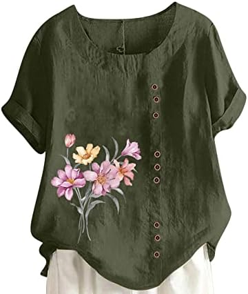 חולצות טריקו של פשתן כותנה לנשים קיץ פלוס גודל גודל הדפס פרחוני כפתור שרוול קצר טייז חולצות צוואר חולצות