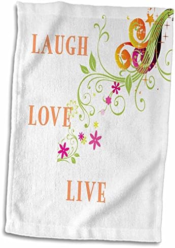 תלת מימד ורד גלילה פרחונית עדינה על לבן עם Laugh Love Live כתוב עליה יד/מגבת ספורט, 15 x 22