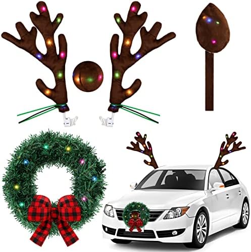 טלט קישוטי קרניים של מכוניות חג המולד מוגדרות עם עיצוב איילים של איילים אור LED זנב קשת אדום דקורטיבי