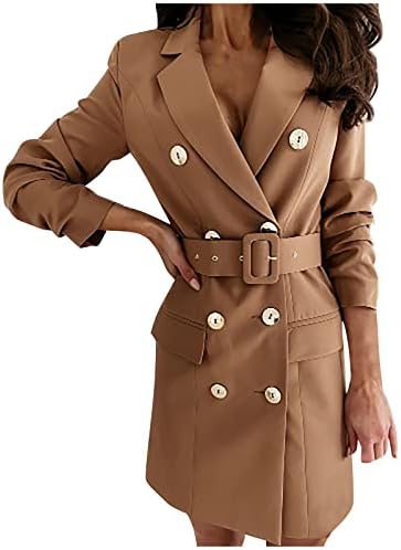 מעיל מעיל מעיל חזה כפול של נשים שמלת חגורה שרוול ארוך צבע אחיד בצבע אמצע ז'קט חורף באורך חליפה רשמית