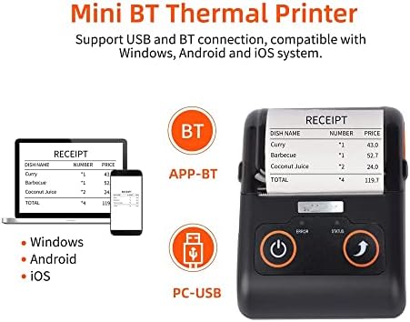 מדפסת קבלה ניידת 58 ממ מדפסת תרמית מדפסת ניידת POS מדפסת USB BT תואם ל- Windows Android iOS