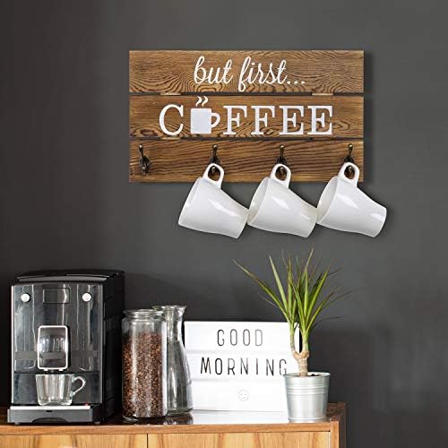קיר רכוב מוצק שרוף עץ קפה ספל מחזיק מתלה, דקורטיבי קפה בר סימן עם 'אבל ראשון קפה' ו 8 כפול ווים