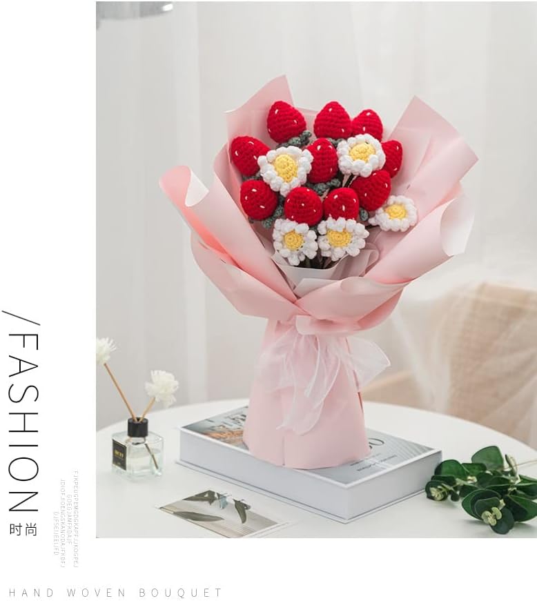וונלי יד סרוג סימולציה תות זר סרוג חוט פרחים אלמוות פרח עיצוב הבית עשה זאת בעצמך מתנה