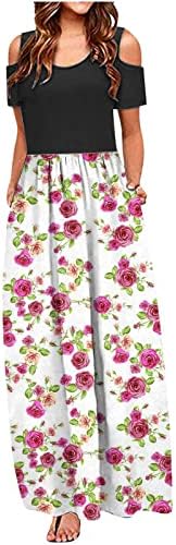 נשים 2023 קיץ ארוך שמלות מקרית צבעוני הדפסת קר כתף קצר שרוול צוות צוואר מקסי שמלה