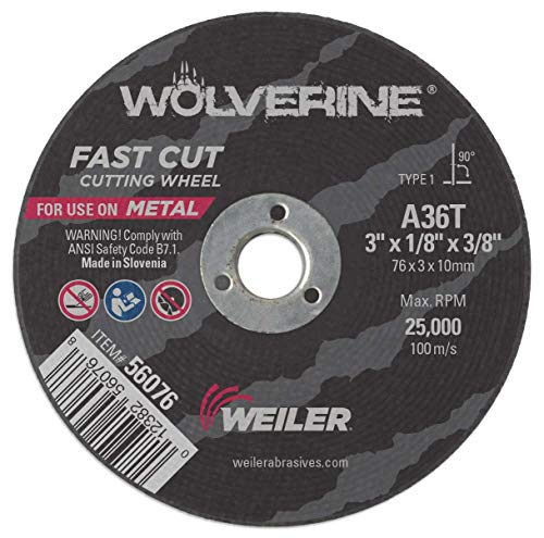 Weiler 56076 3 x 1/8 וולברין מסוג 1 גלגל חיתוך, A36T, 3/8 A.H.