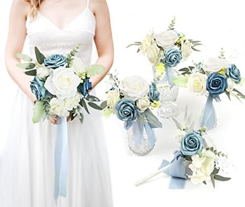 סט Aivanart של 4 זרי חתונה של שושבינה לטקס חתונה לכלה, פרחים כחולים מלאכותיים מאובקים זרי פרחים כפריים