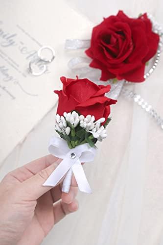 אדום בורגונדי מלאכותי פרח צמיד פרחי דש עבור הכלה מקלחת נשף פורמליות ארוחת ערב מסיבת יום נישואים