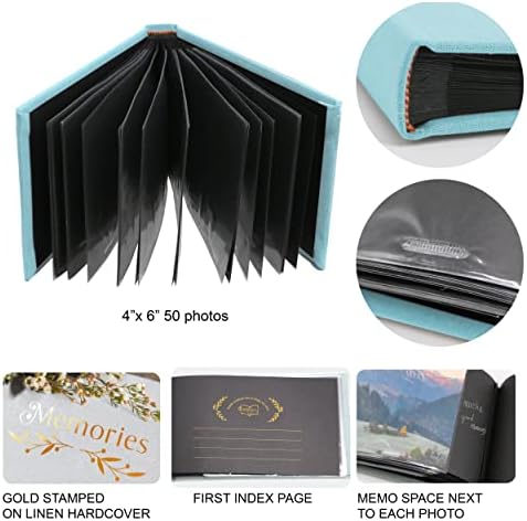אלבום תמונות קטן 4x6 Holoary, שער קשה של פשתן, מחזיק 50 תמונות, עמוד שחור עמוד מסורתי Book Book, אלבום