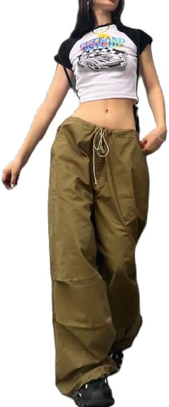 Y2k המותניים הנמוכות מטען מכנסיים רחבים שרוך רגל רחבה מכנסיים מכנסיים של Harajuku בגדי רחוב לשנות ה