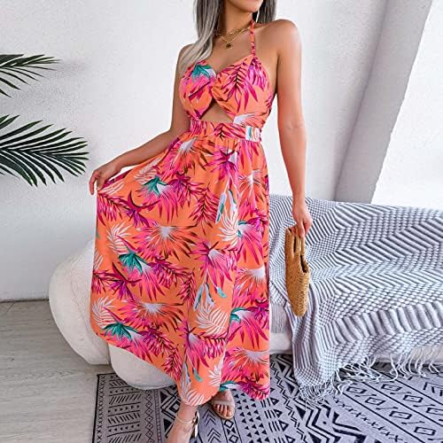 קיץ נשים בוהו הלטר שמלת שמלת שמלת שמלת שרוולים חריץ ללא שרוולים פרחוני פרחים זורמים שמלות חוף לונג לאורח
