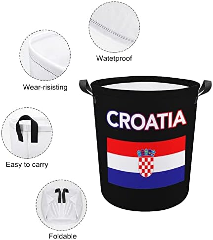 קרואטיה קרואטי דגל מודפס סלי כביסה עם ידיות עמיד למים מתקפל עגול בגדי צידניות שקית אחסון ארגונית