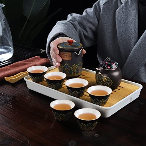 Fanquare Gongfu Tea Set Travel, סט תה קונג פו סיני עם גימור זהב, ערכת תה חרסינה עם שקית ניידת