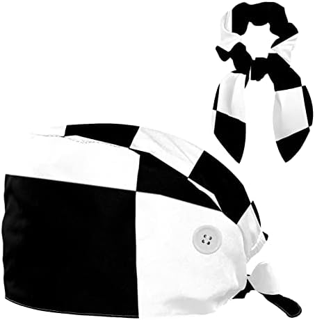 כובע כירורגי של נשים וגברים עם שיער קשת ריבועים שחורים ולבנים כובע עבודה בגודל אחד