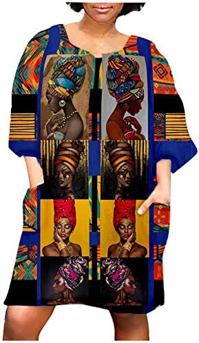 נשים של בציר מיני שמלה מזדמן רופף אפריקאי חריץ צוואר התיכון שרוול כיס קצר שמלת מסיבת מועדון שמלה