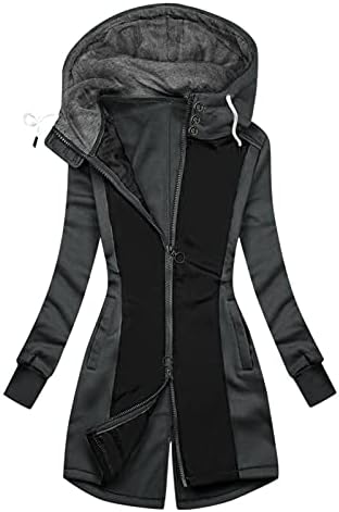 מעיל ברדס לנשים בצבע אחיד ז'קט ארוך חורף קז'ואל רוכסן מלא שרוך מעיל חם עם כיסים בריאות