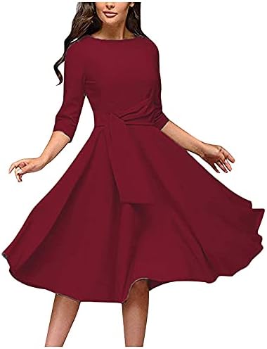 אלגנטיות לנשים שמלת מידי שמלת צוואר עגול 3/4 שרוול סולידי פלוס שמלות נדנדה בגודל לנשים שמלות א-קו וינטג