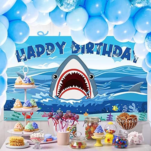 כריש מסיבת קישוטים רקע באנר, כריש יום הולדת קישוטים מתחת לים כריש אזור צילום רקע עבור ילד ילדה כריש