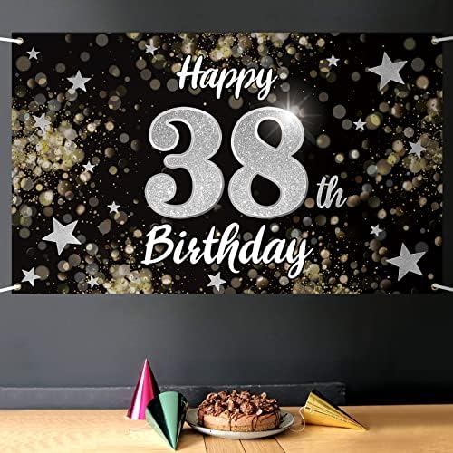 יום הולדת ה -38 שמח נלבירת שחור & מגבר; באנר גדול כוכב כסף - לחיים 38 שנים יום הולדת ישן רקע קיר קיר