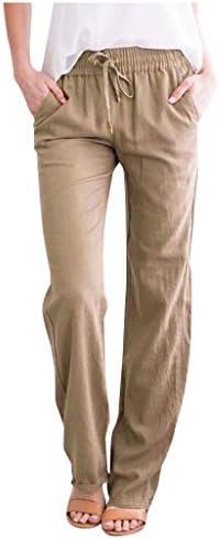 מכנסי פשתן כותנה לנשים, משיכת מותניים אלסטיות גבוהות יוגה יוגה מכנסיים פאלאצו מכנסי אופנה נוחים עם כיסים